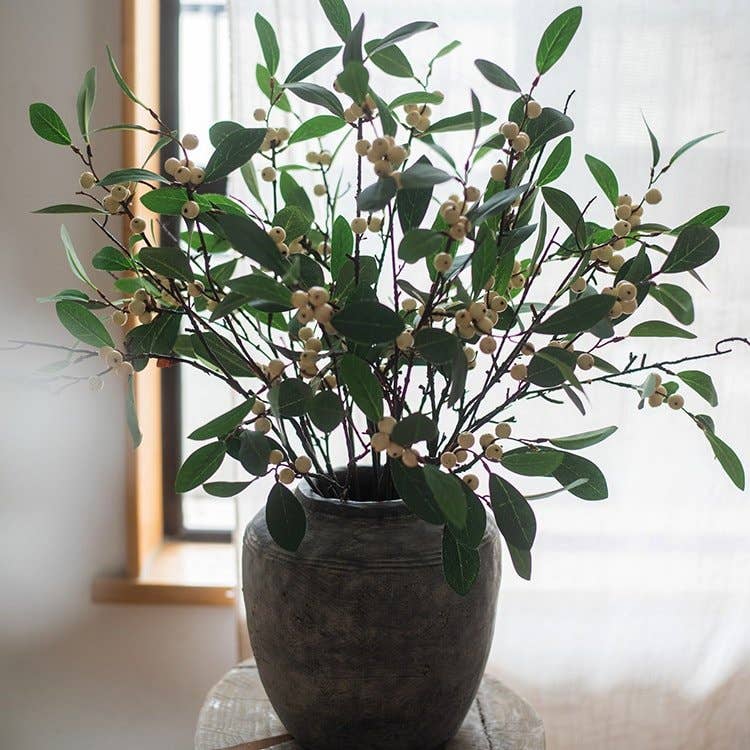 Artificial Fruit Snow Berry Leaf Stem 28" Tall Silk Plant: Red / Three Stems