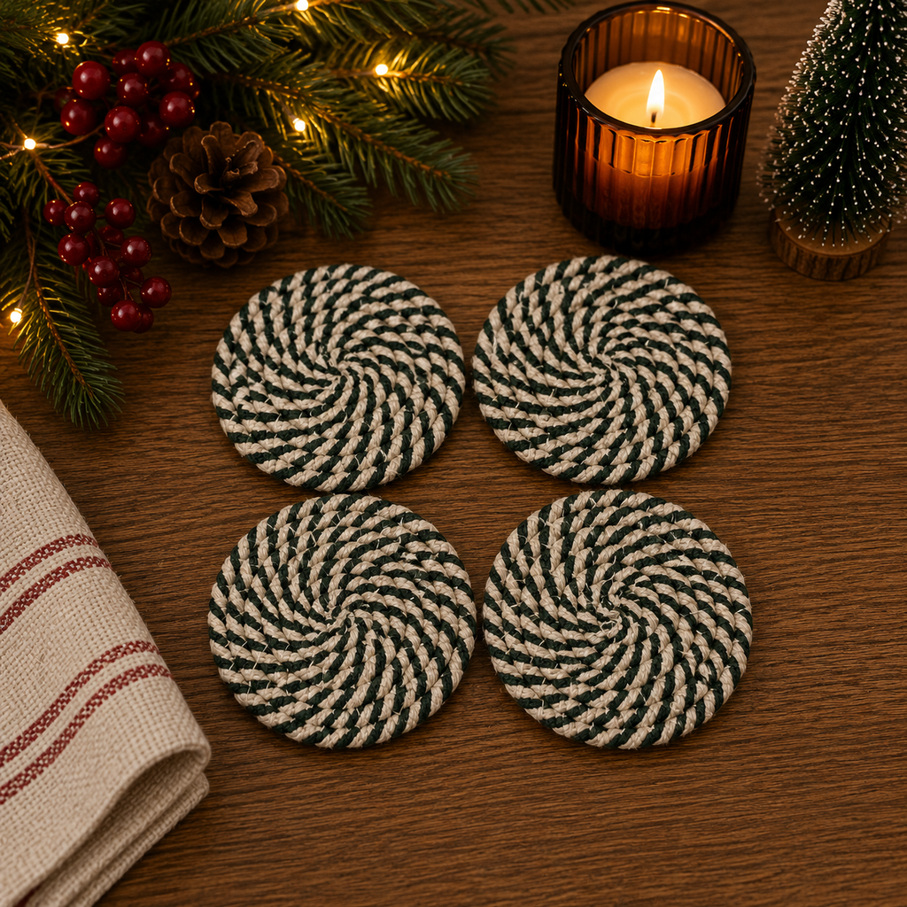 Christmas Coasters, Red Candy Cane Braided Cotton Gift Sets: Green-4pk
