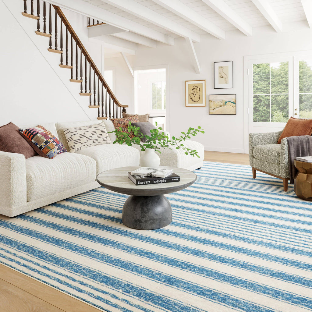 Vion Coastal Striped Machine Washable Rug | Blue: 2' x 3'