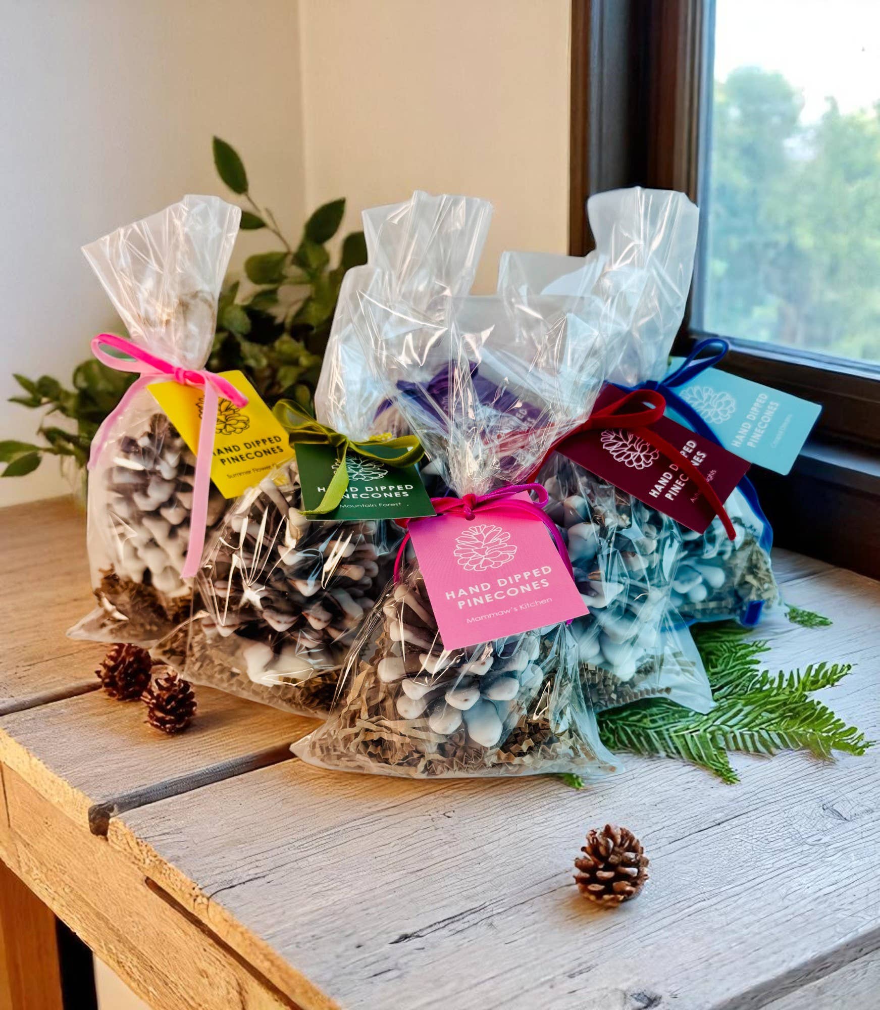 Wax Coated Pinecones | Hand Dipped | Scented Flameless Decor: Mountain Forest (Green Tag)