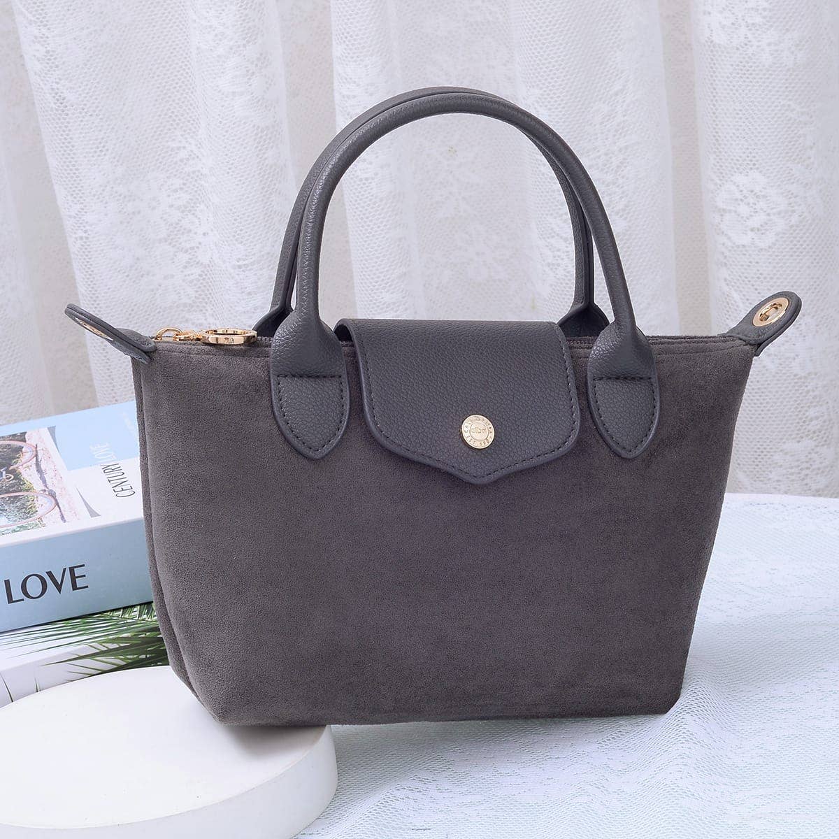 SD782  Britney Suede Double Handle Crossbody Bag: Black