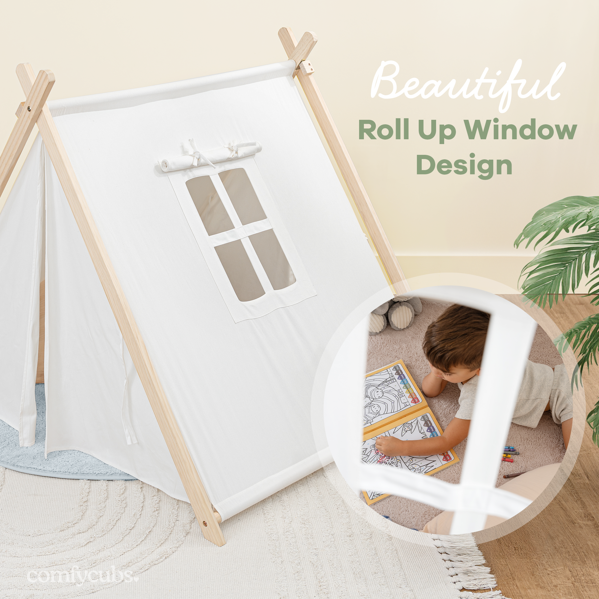 Kids Play Tent, Indoor Canvas Play Tent by Comfy Cubs: Natural Wood