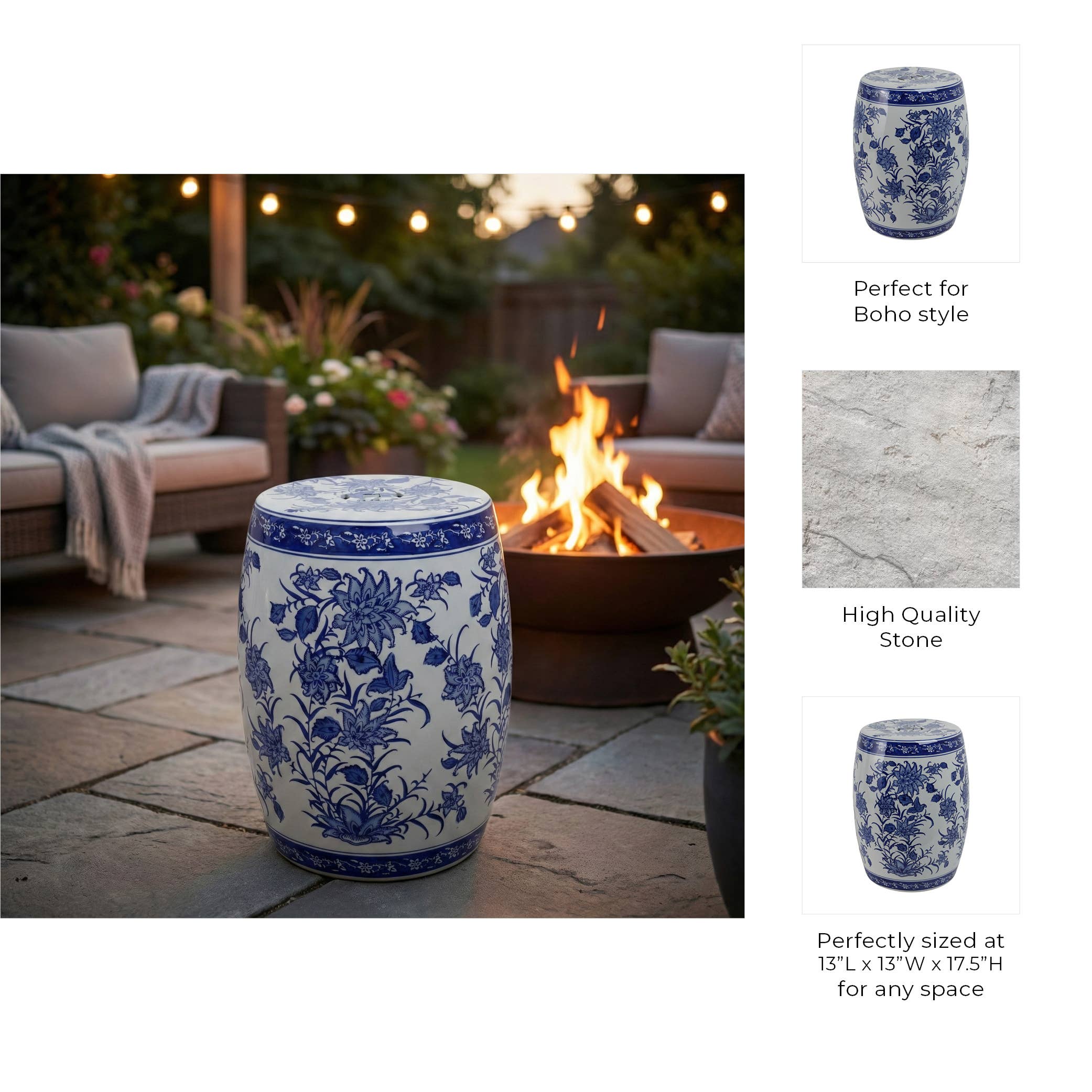 Stool - Blue Ceramic Pinwheel Flower Chinoiserie, 18 in.