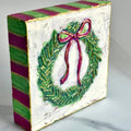 Christmas Wreath Handpainted Wood Block Art with Pink Bow