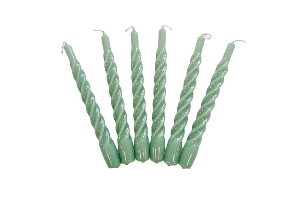 Lacquered Twisted Taper Candles, Sage Green, Boxed, Set of 6