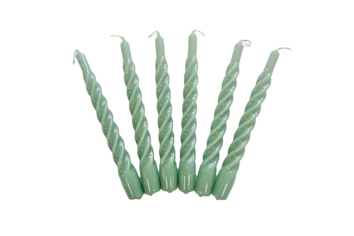 Lacquered Twisted Taper Candles, Sage Green, Boxed, Set of 6