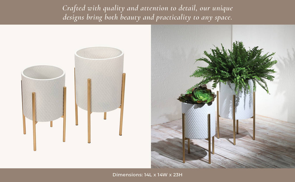 Iron Textured Planters on Stand  White, 11"