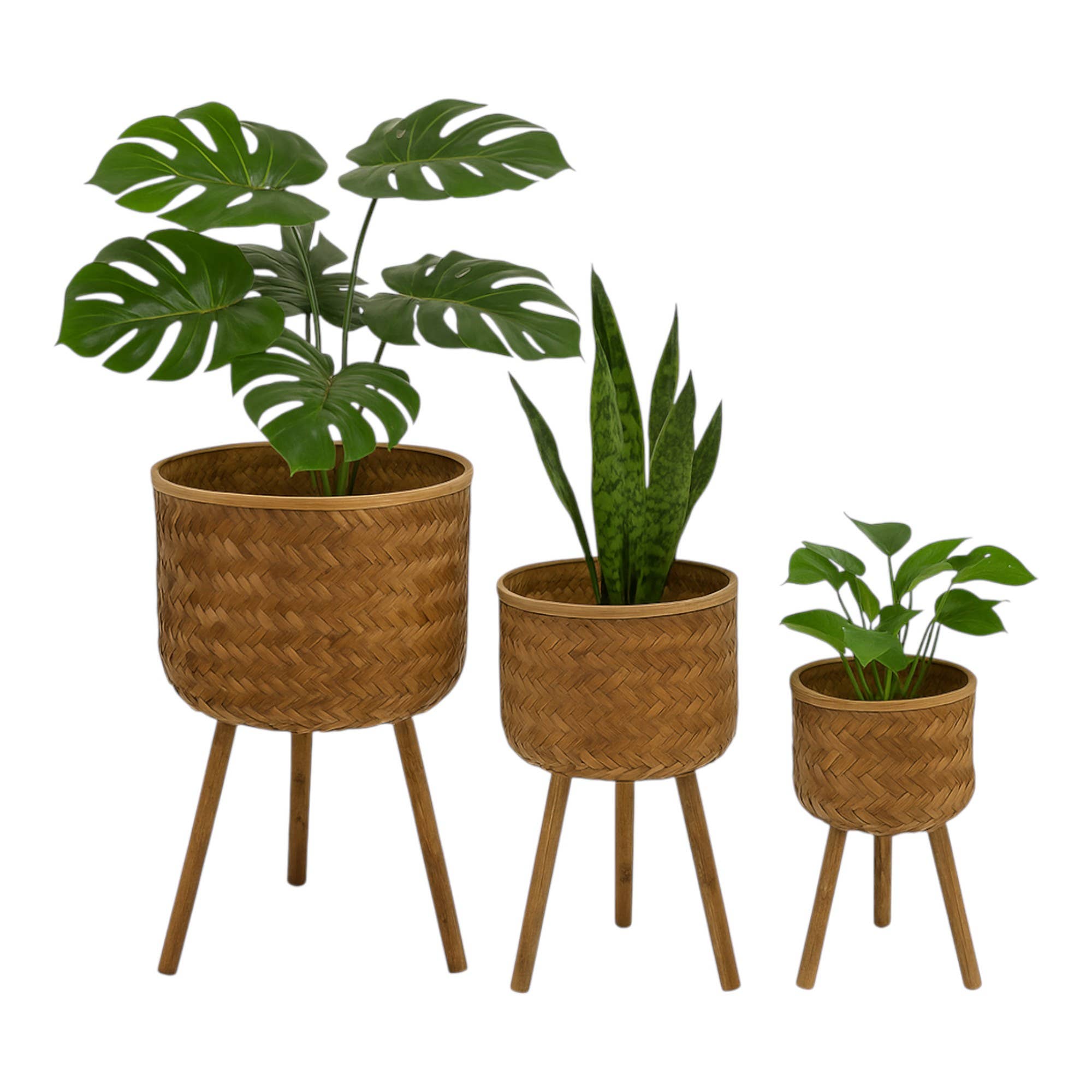 Planter Set of 3 - Brown Bamboo Wood Wicker, 11/13/15 in.
