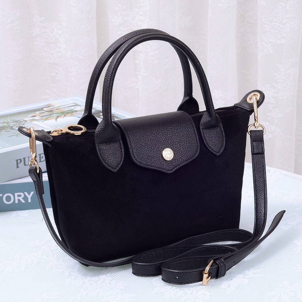 SD782  Britney Suede Double Handle Crossbody Bag: Black