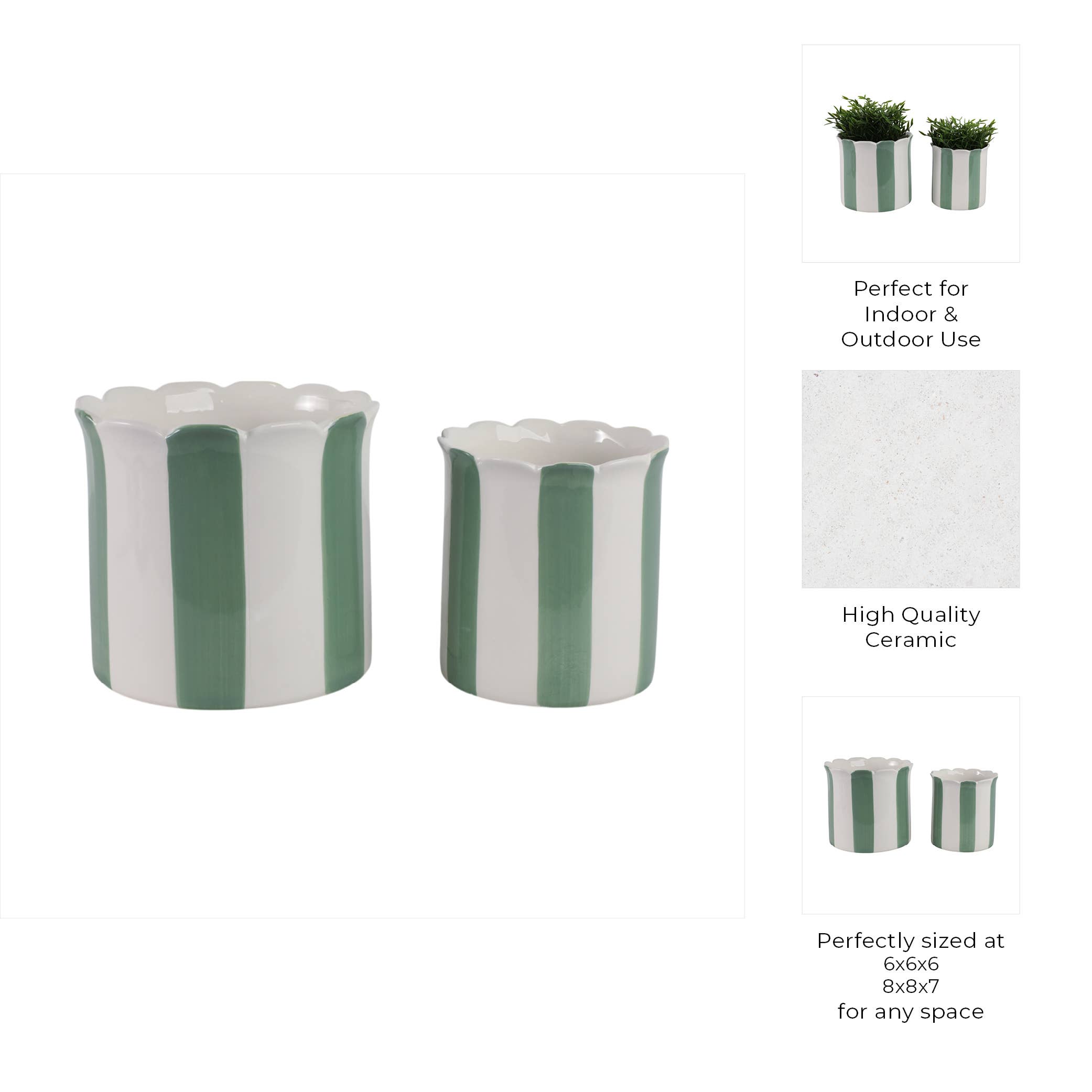 Planters  - Green/White Ceramic Striped, 6 in