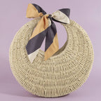 Round Woven Straw Bag With Bow Scarf Accent: CA