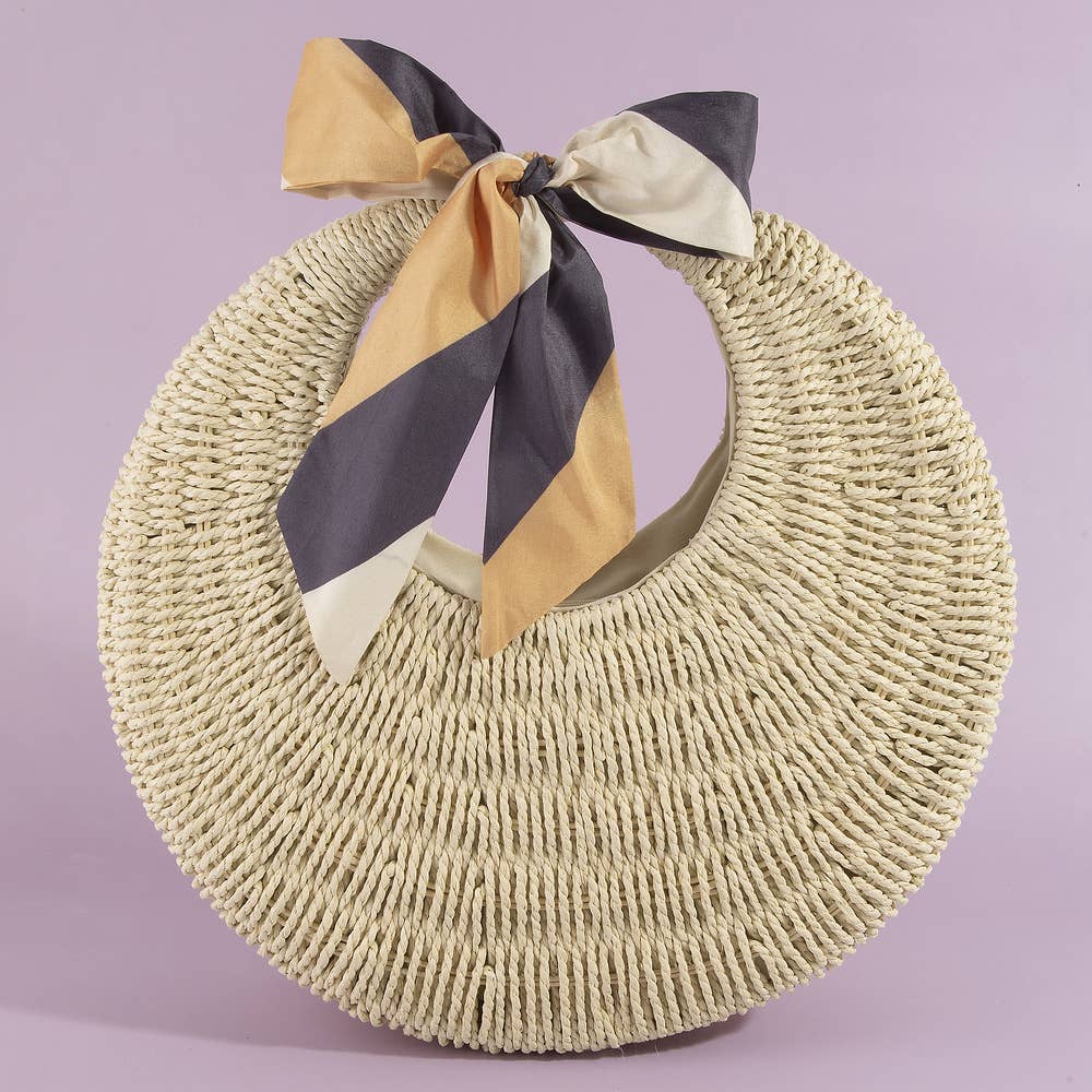 Round Woven Straw Bag With Bow Scarf Accent: CA