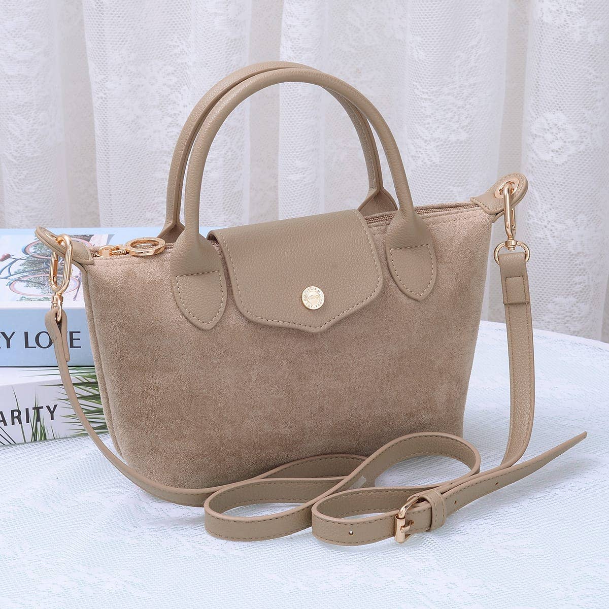 SD782  Britney Suede Double Handle Crossbody Bag: Black