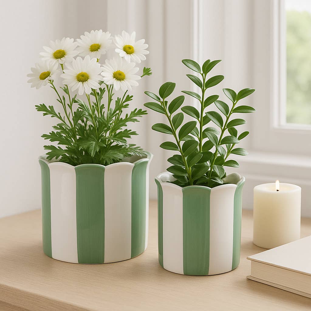 Planters  - Green/White Ceramic Striped, 6 in