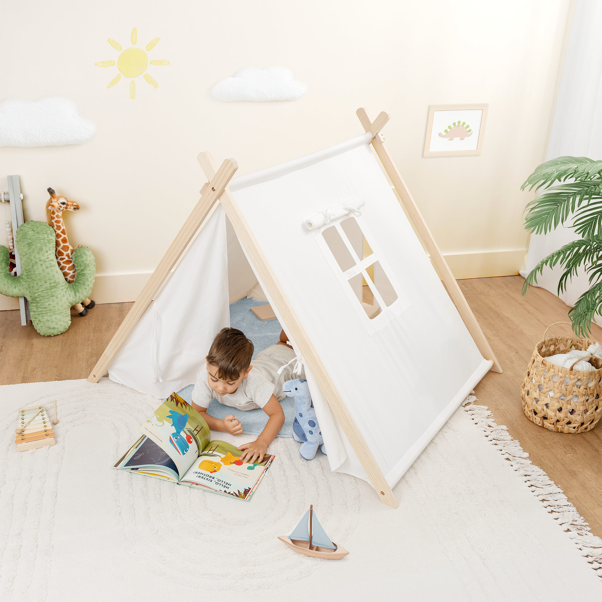 Kids Play Tent, Indoor Canvas Play Tent by Comfy Cubs: Natural Wood
