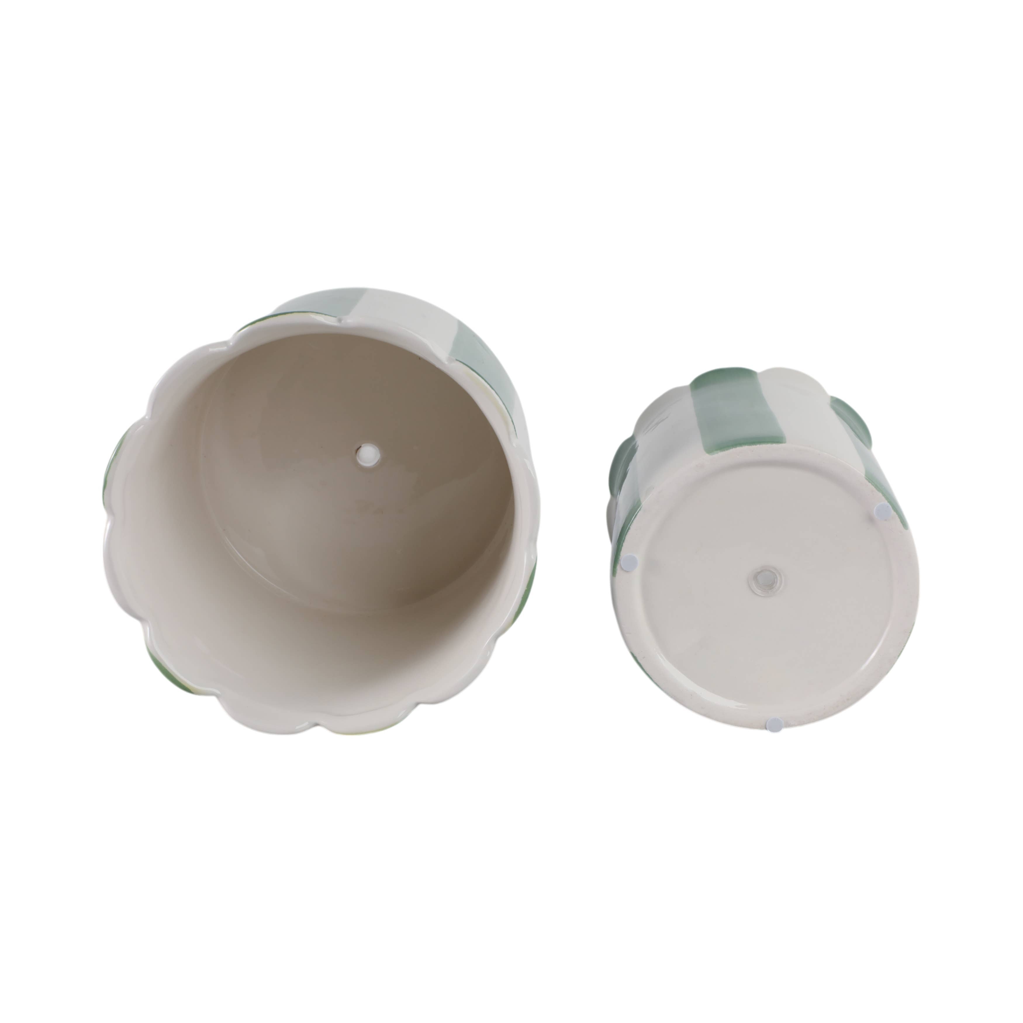 Planters  - Green/White Ceramic Striped, 6 in