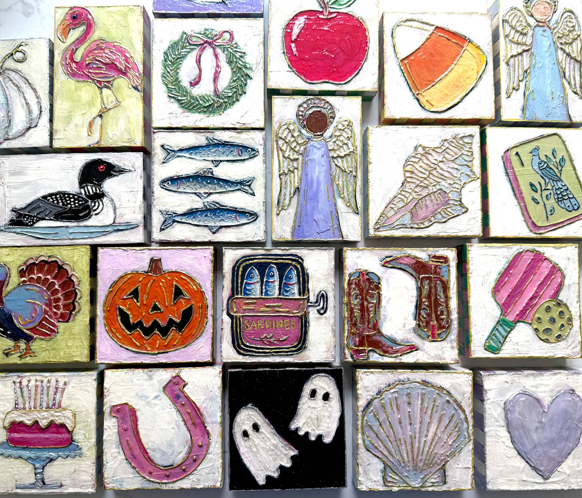 Pastel White Pumpkin Textured Handpainted Wood Block Art
