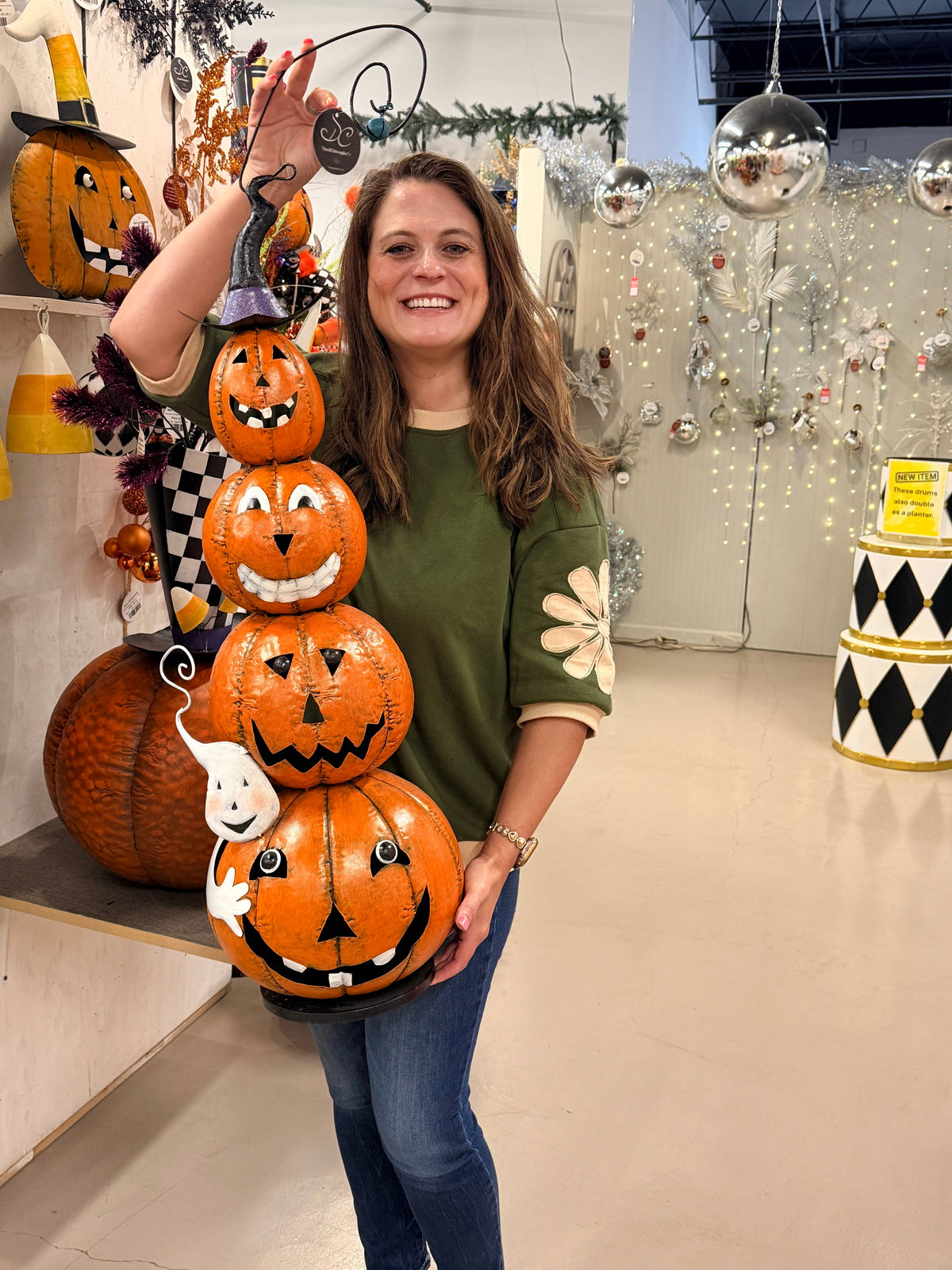 Metal Jack O Lantern Stack w/ Ghost 40" | Halloween Decor