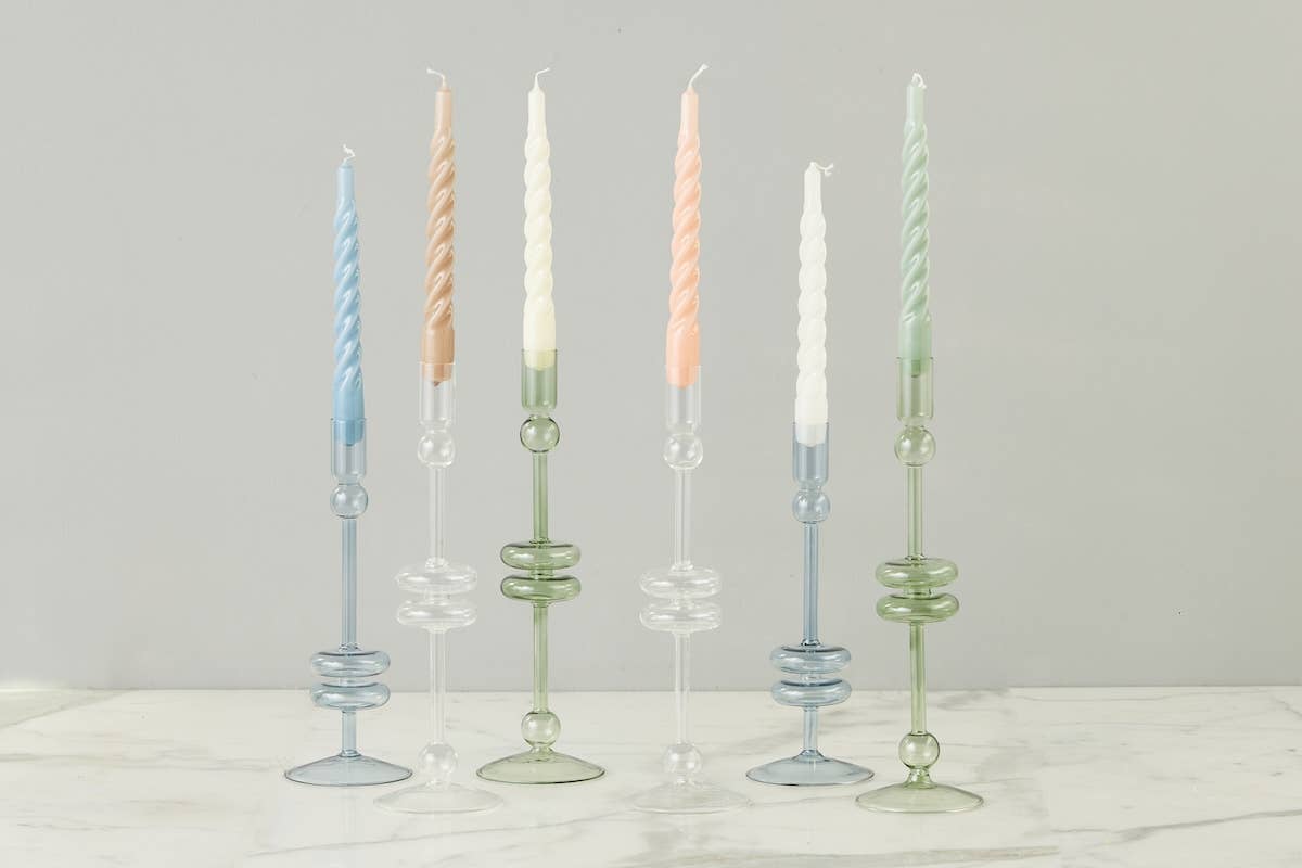 Lacquered Twisted Taper Candles, Sage Green, Boxed, Set of 6