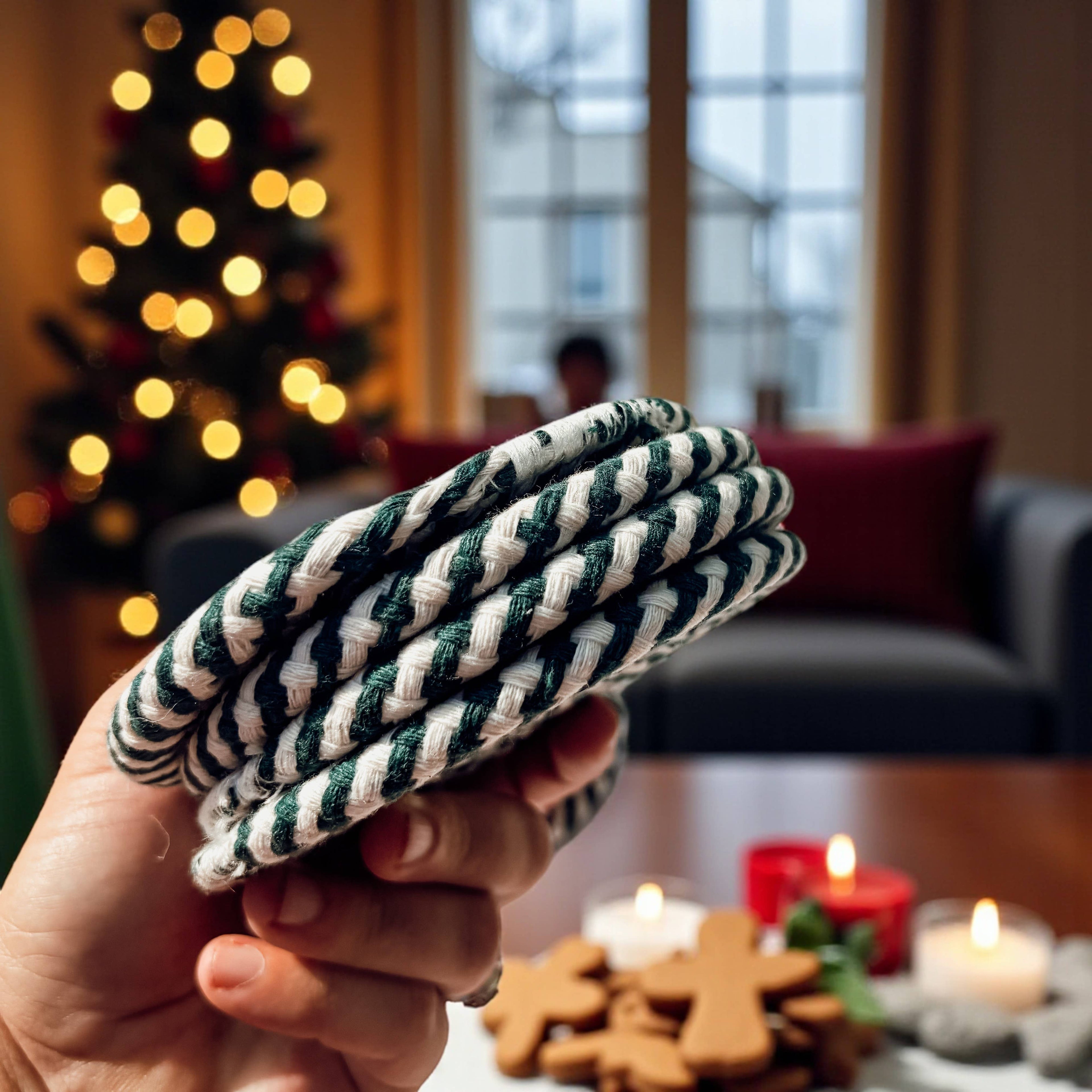 Christmas Coasters, Red Candy Cane Braided Cotton Gift Sets: Green-4pk