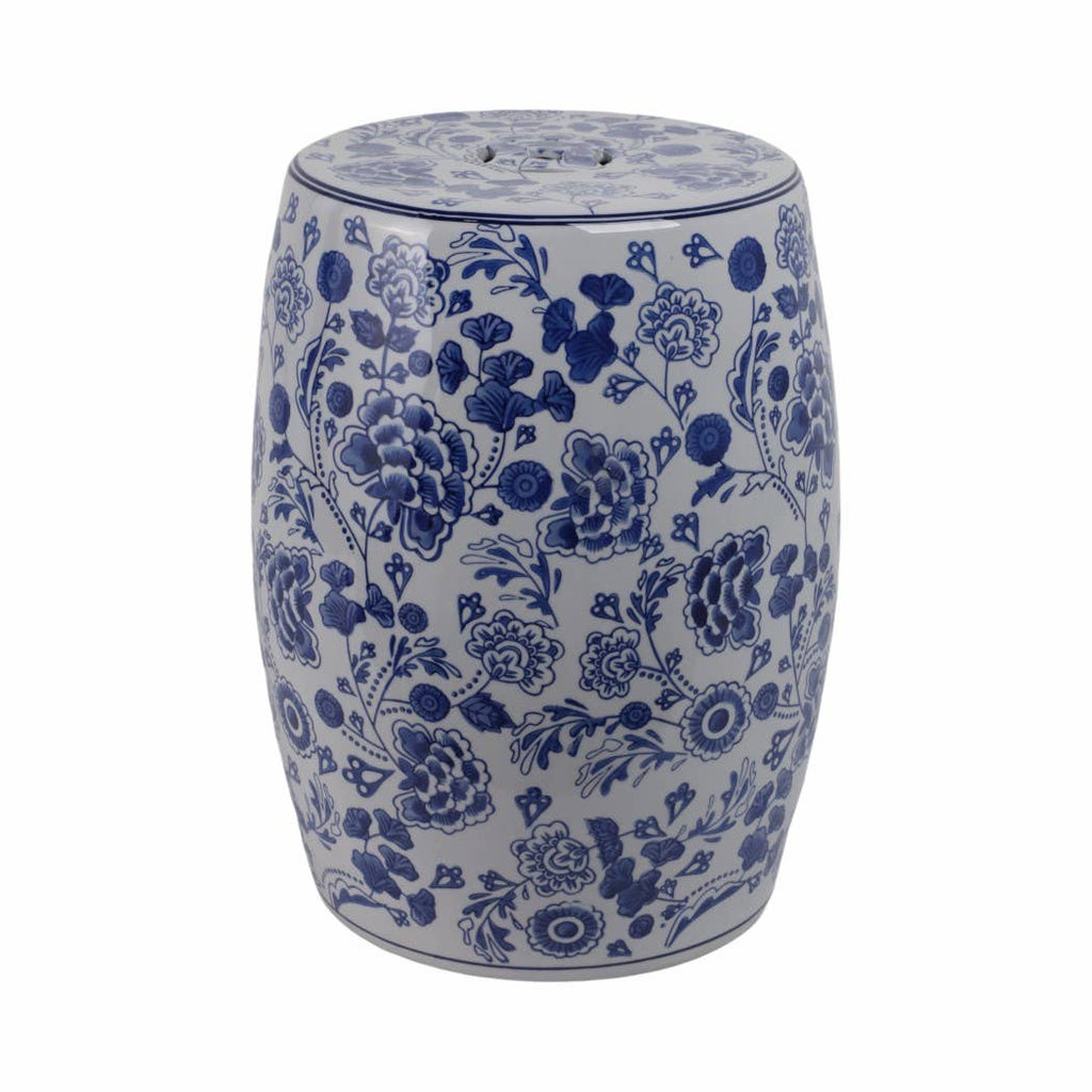 Stool - Blue Ceramic Elegant Hydrangea Chinoiserie, 18 in.
