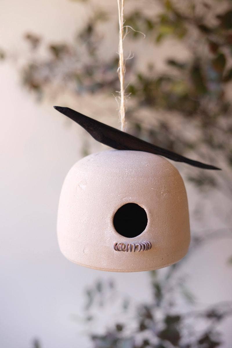 HANGING CLAY BIRDHOUSE WITH CARVED WOODEN BIRD DETAIL