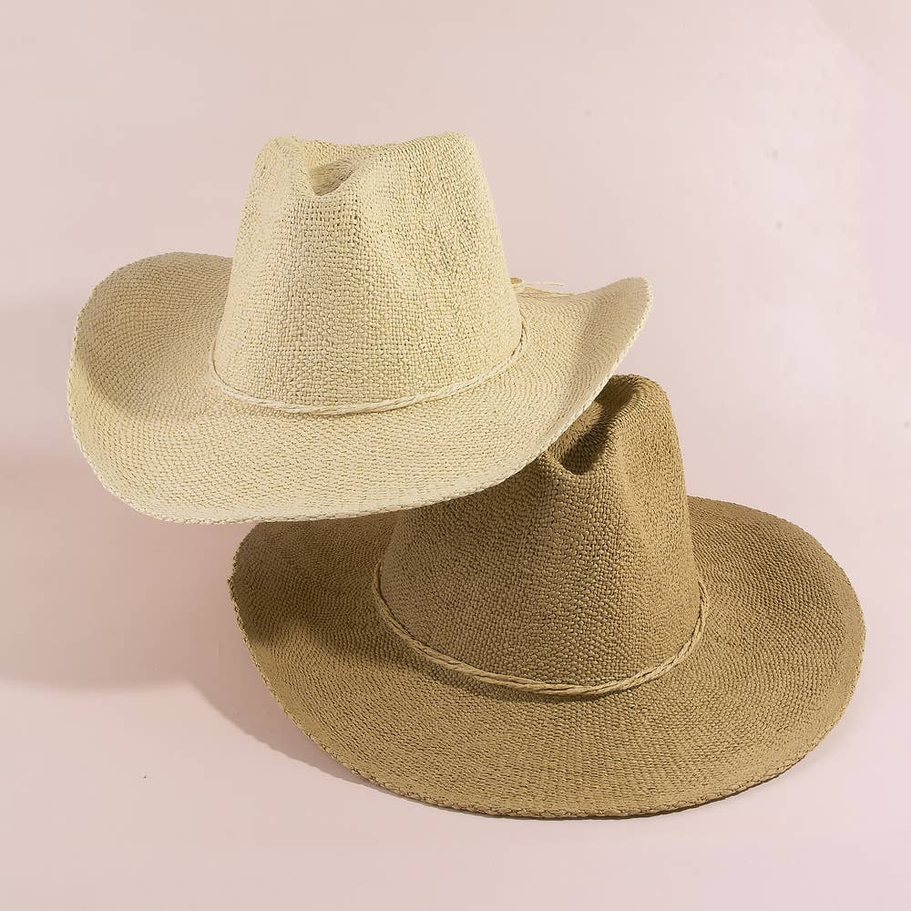 Paper Straw Braided Cord Band Cowboy Hat: KA