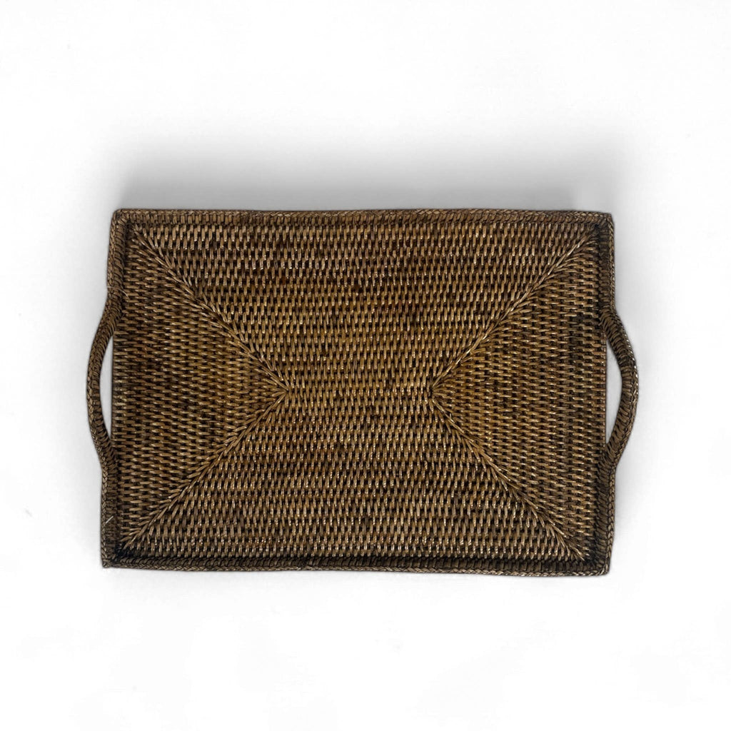 Rattan Tray with Loop Handles and Glass Insert : Brown / Large