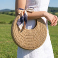 Round Woven Straw Bag With Bow Scarf Accent: CA