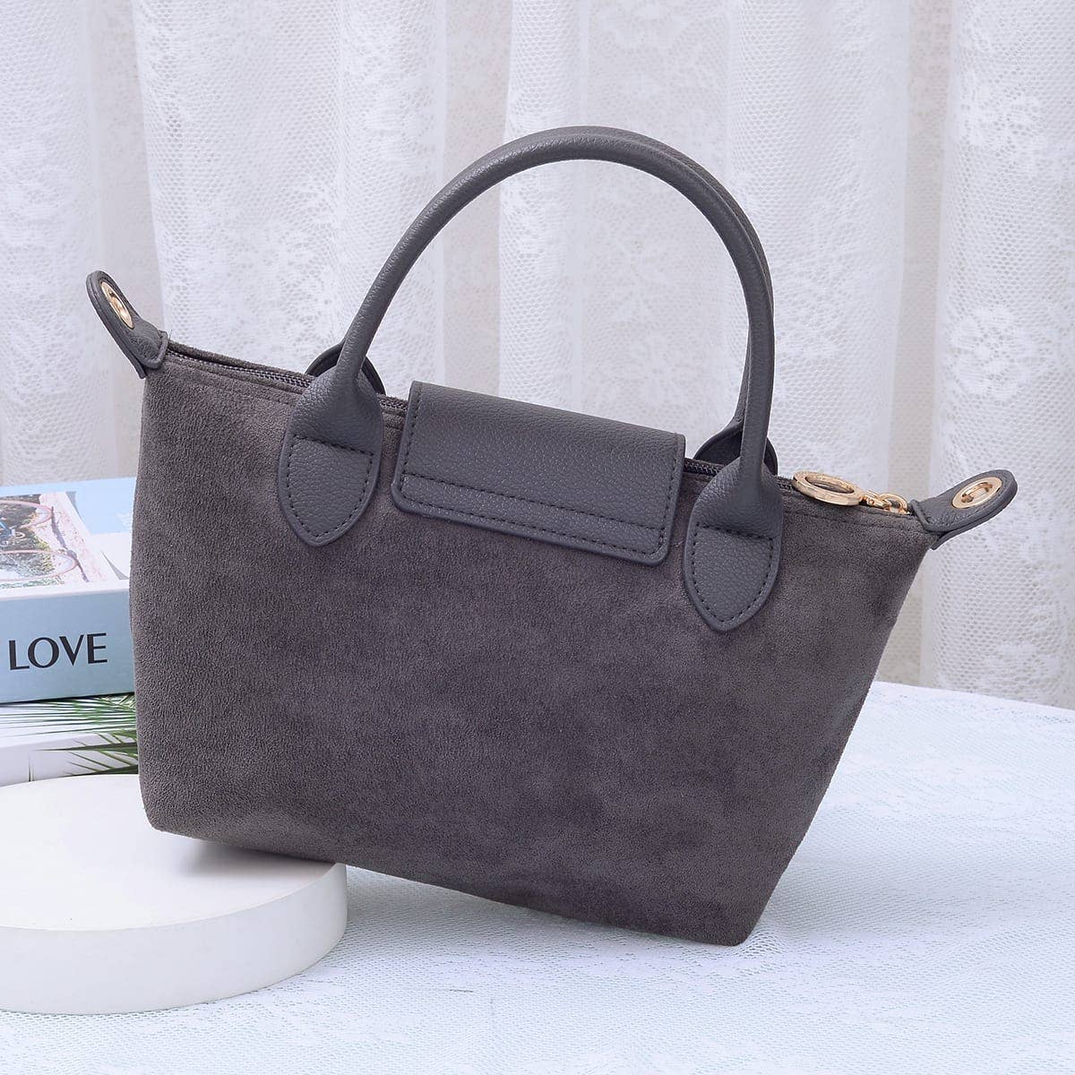 SD782  Britney Suede Double Handle Crossbody Bag: Cognac