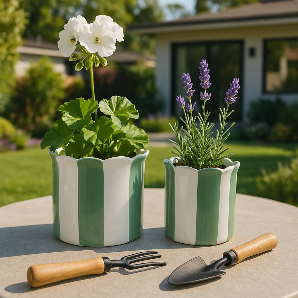 Planters  - Green/White Ceramic Striped, 6 in