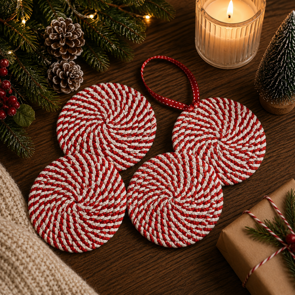 Christmas Coasters, Red Candy Cane Braided Cotton Gift Sets: Red & Green-4pk