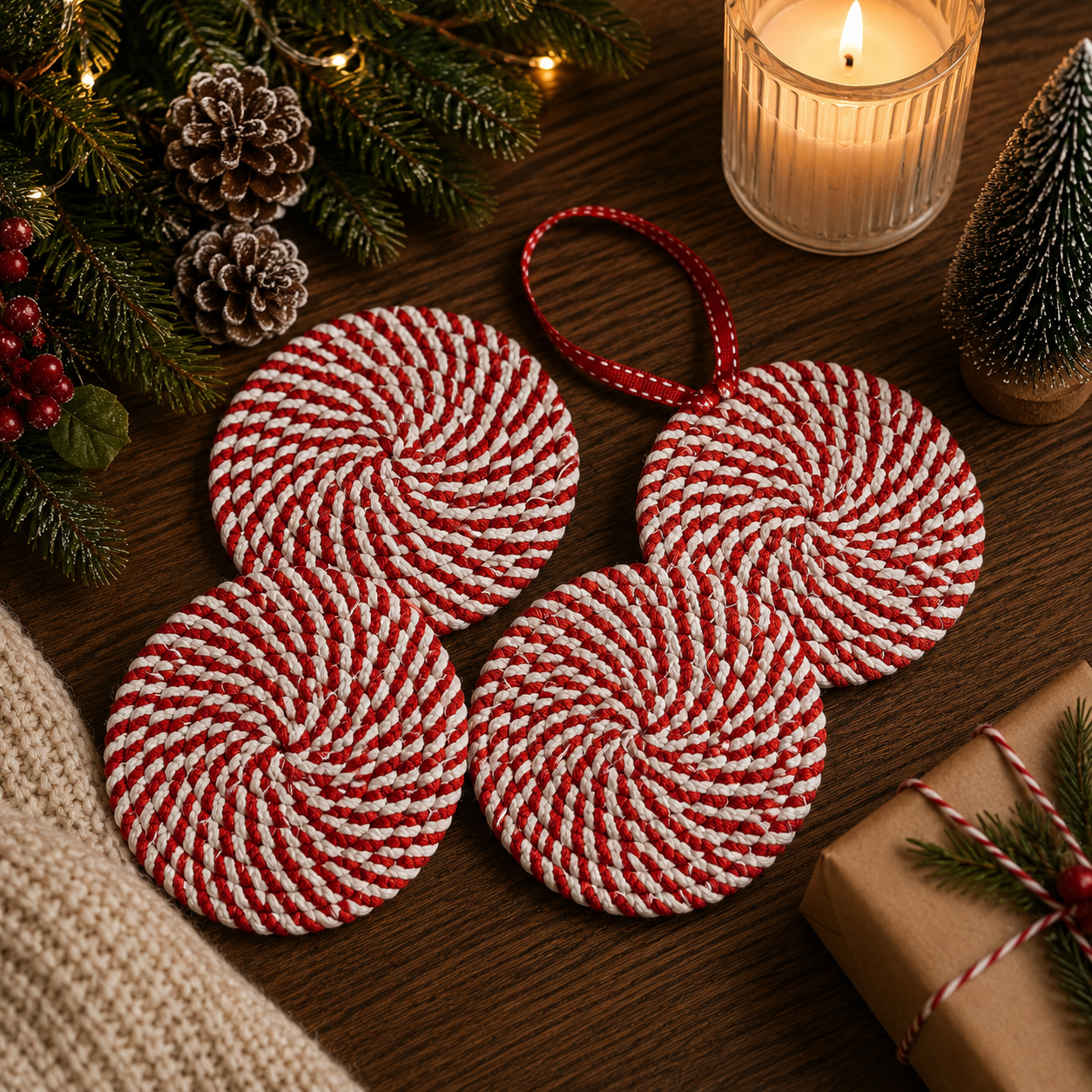 Christmas Coasters, Red Candy Cane Braided Cotton Gift Sets: Red & Green-4pk