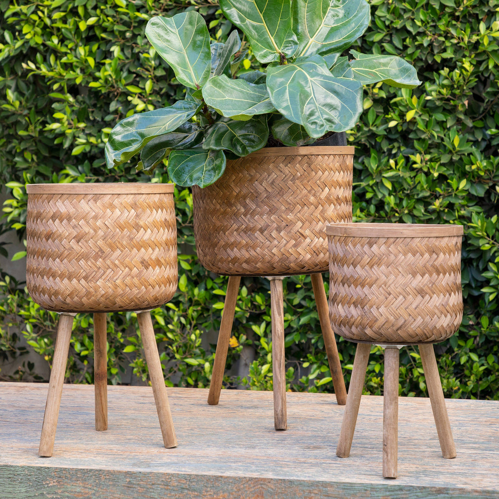 Planter Set of 3 - Brown Bamboo Wood Wicker, 11/13/15 in.