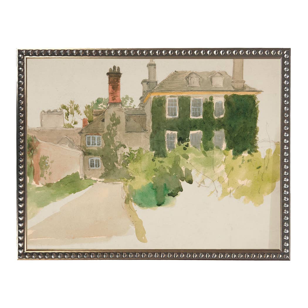 Vintage watercolor green house: Black With Bead 1300-905 U / 28" X 22"