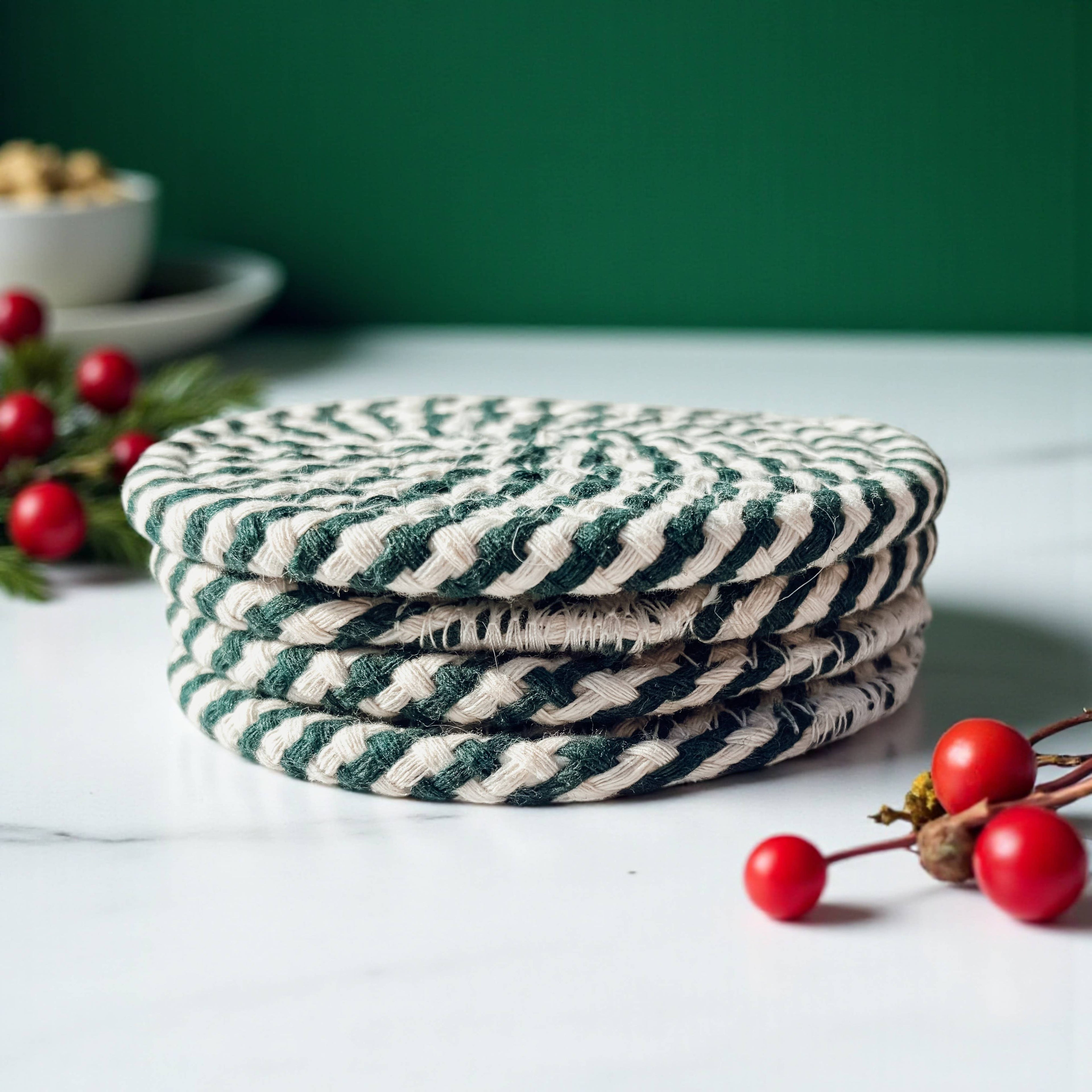 Christmas Coasters, Red Candy Cane Braided Cotton Gift Sets: Green-4pk
