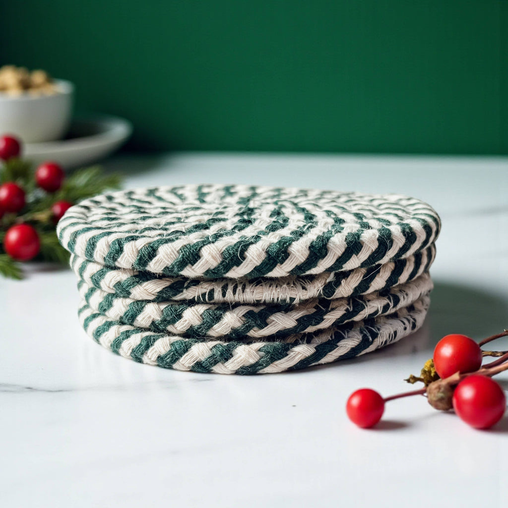 Christmas Coasters, Red Candy Cane Braided Cotton Gift Sets: Red-4pk