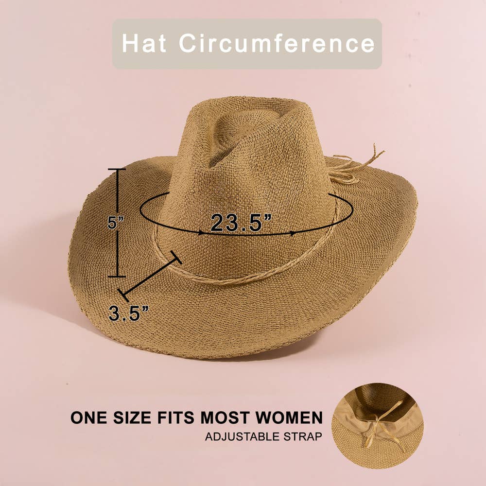 Paper Straw Braided Cord Band Cowboy Hat: KA