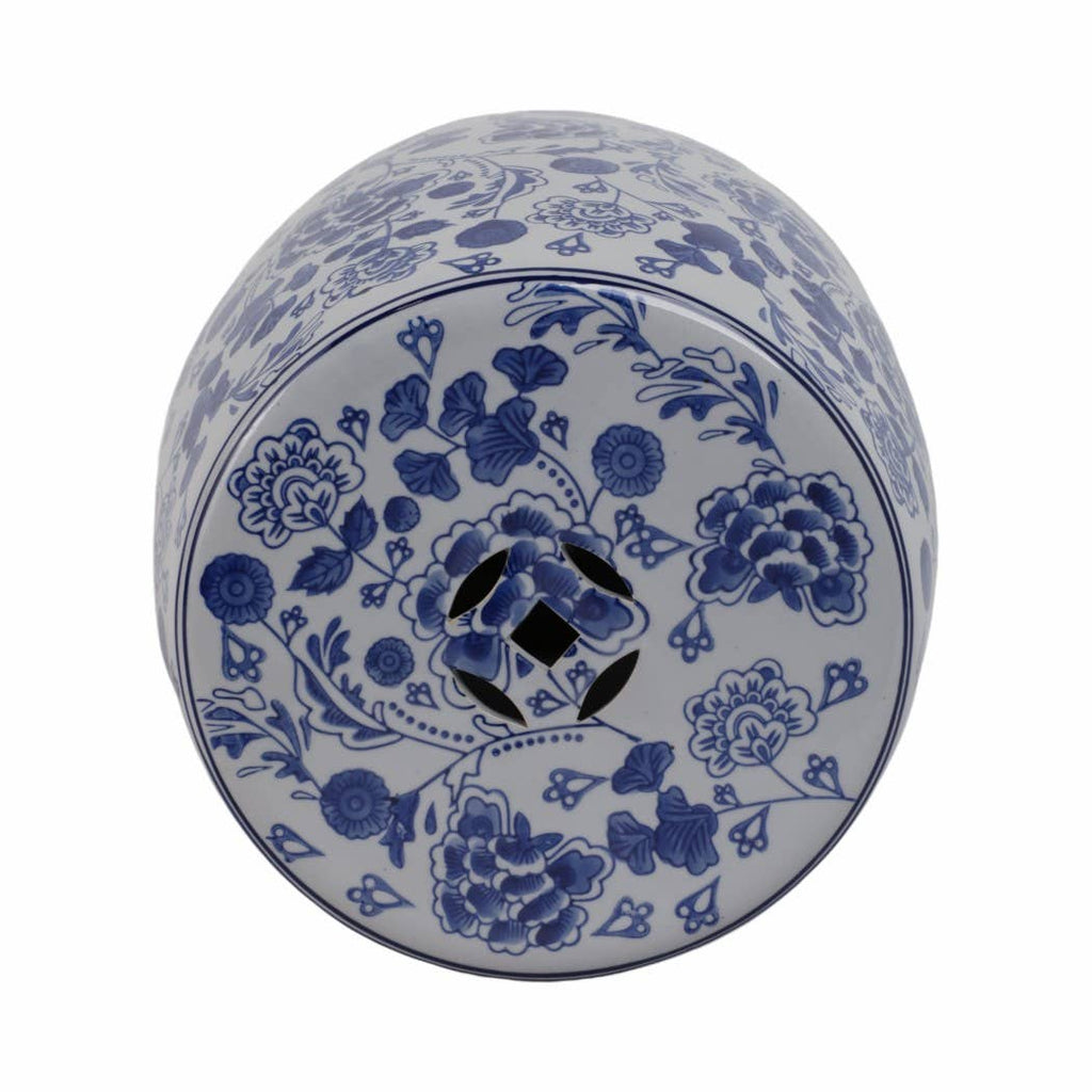 Stool - Blue Ceramic Elegant Hydrangea Chinoiserie, 18 in.
