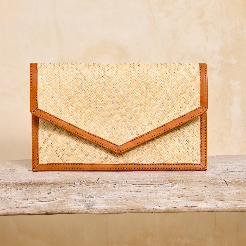 Ivory Rattan Clutch with Brown Leather Trim