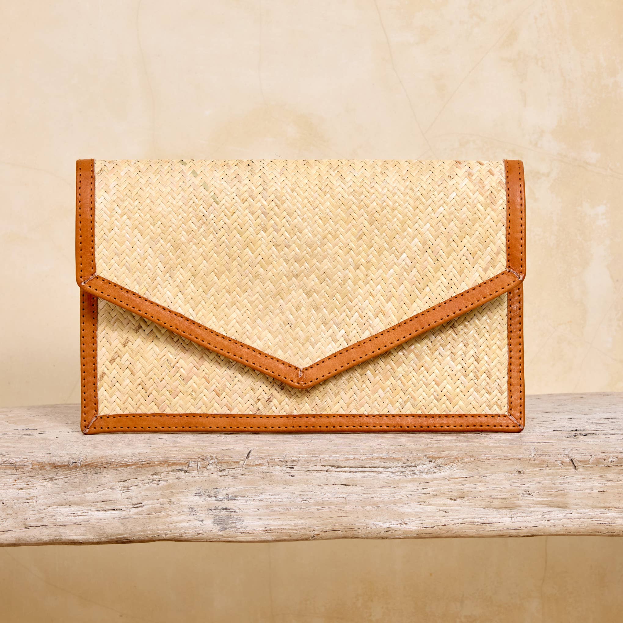 Ivory Rattan Clutch with Brown Leather Trim