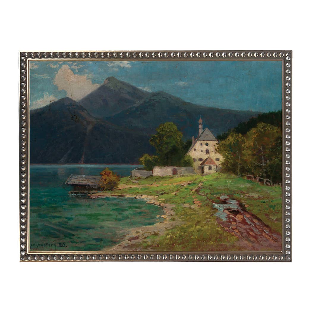 Vintage watercolor house and water: Silver with tiny bead detail 275-18 / 20" X 16"