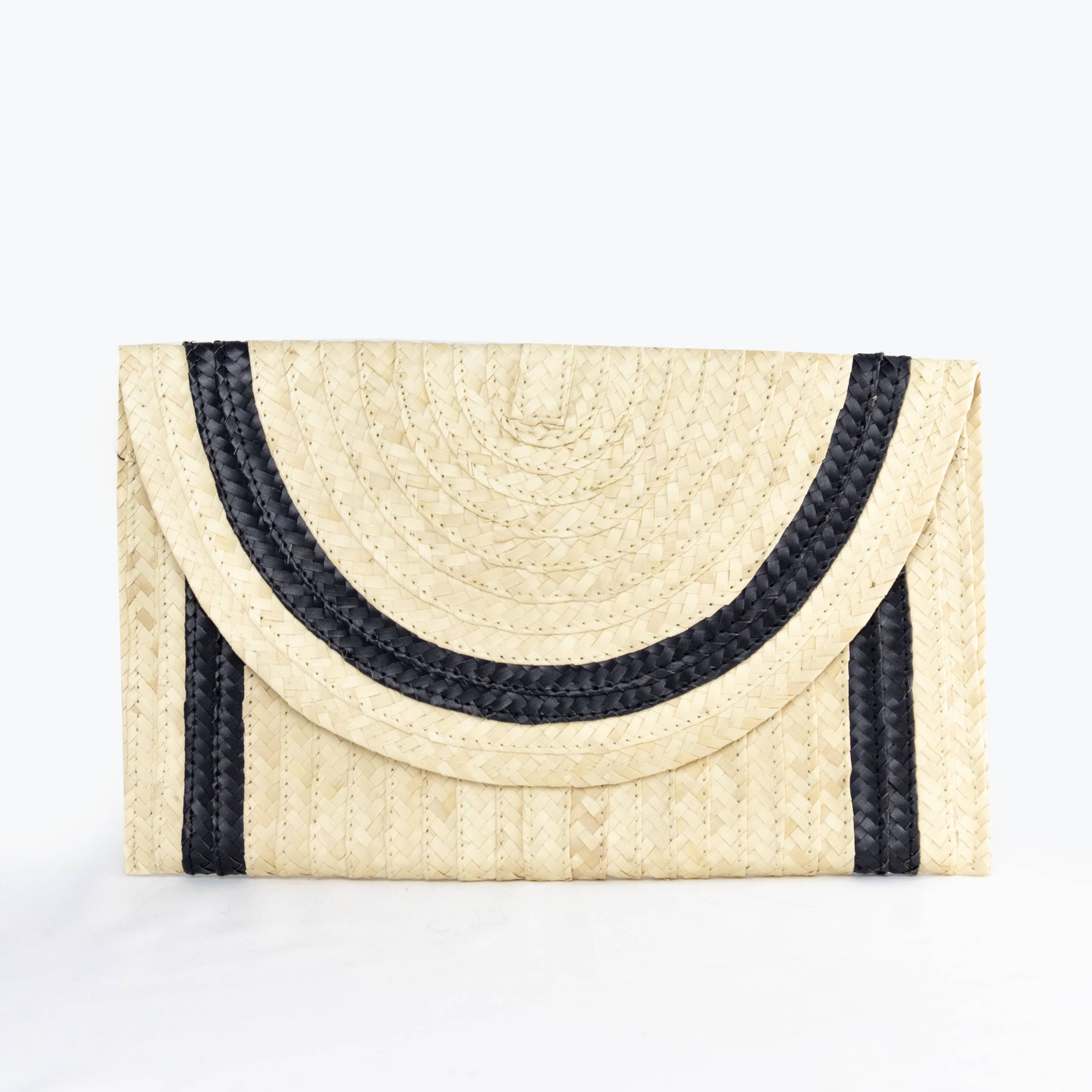 Straw Clutch - Ivory with Black Trim