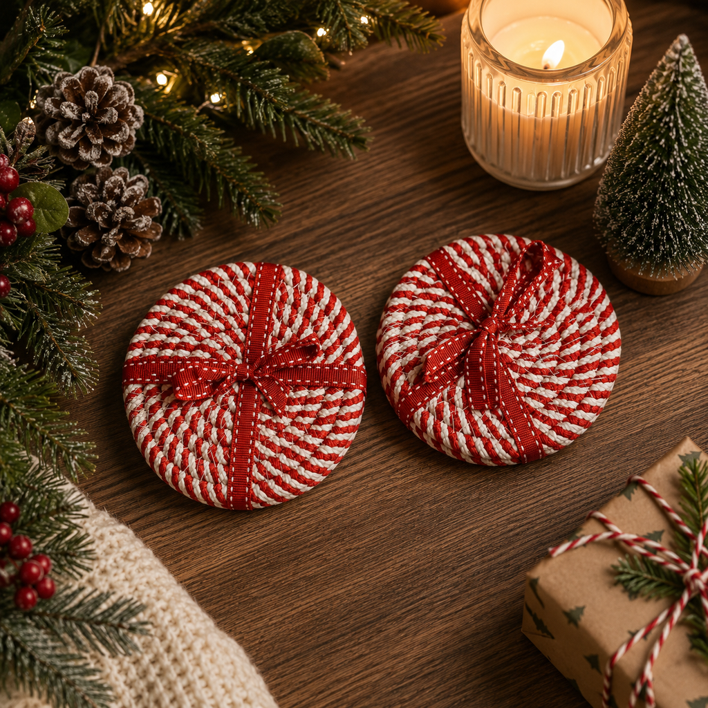 Christmas Coasters, Red Candy Cane Braided Cotton Gift Sets: Green-4pk