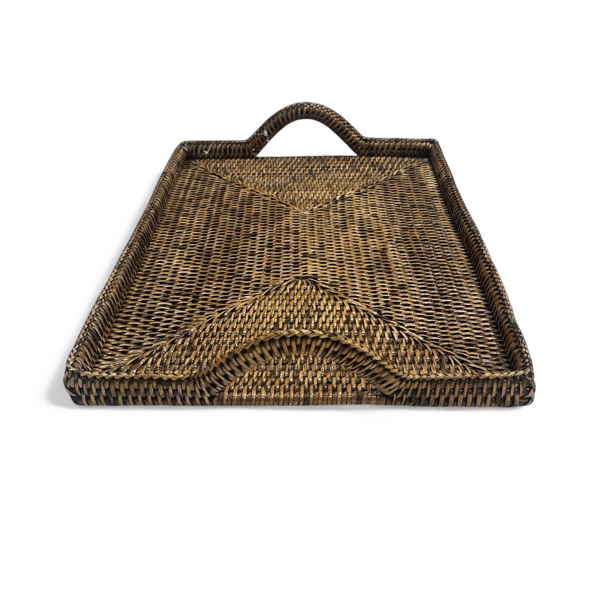 Rattan Tray with Loop Handles and Glass Insert : Brown / Large
