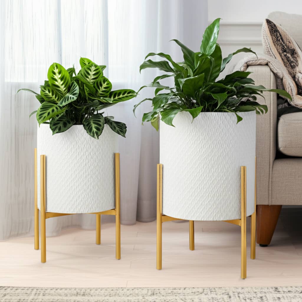 Iron Textured Planters on Stand  White, 11"