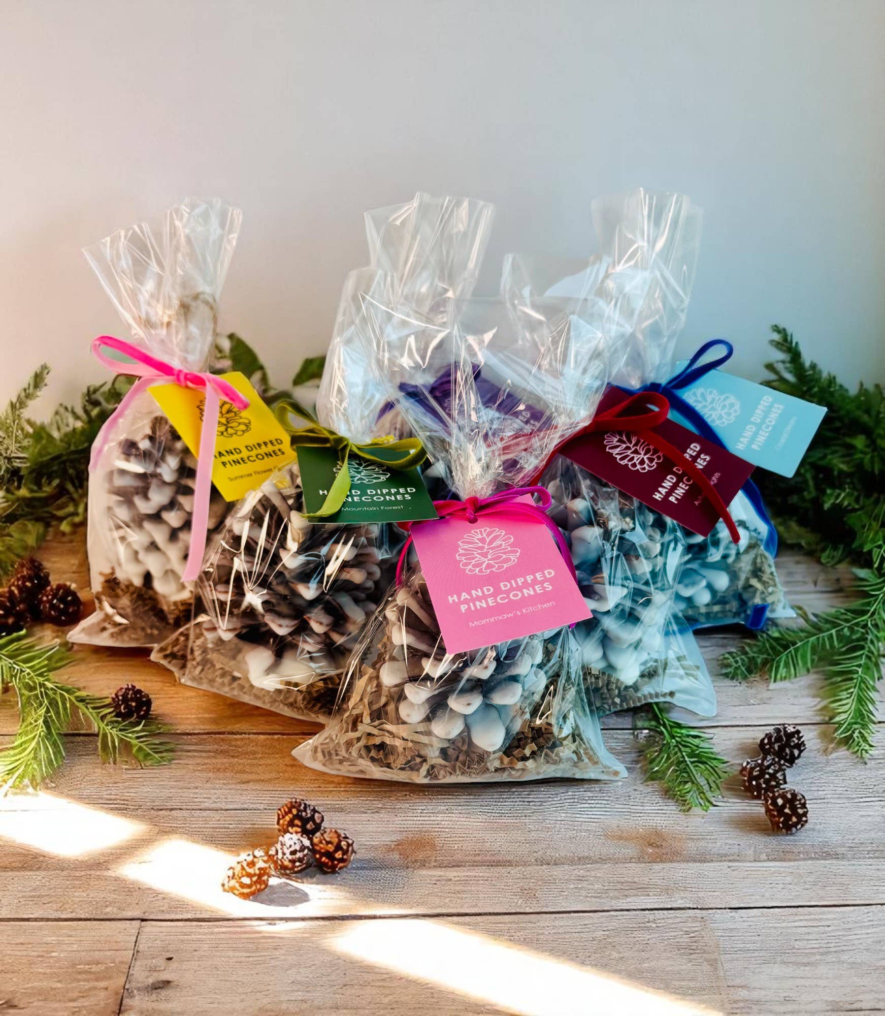 Wax Coated Pinecones | Hand Dipped | Scented Flameless Decor: Mountain Forest (Green Tag)