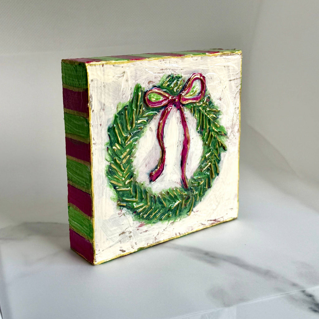 Christmas Wreath Handpainted Wood Block Art with Pink Bow