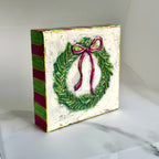 Christmas Wreath Handpainted Wood Block Art with Pink Bow