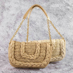 Woven Raffia Flap Shoulder Bag: CAMEL